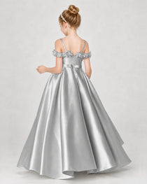 Dideyttawl Satin Girl Formal Dress with 3D Flowers & Off-Shoulder Straps