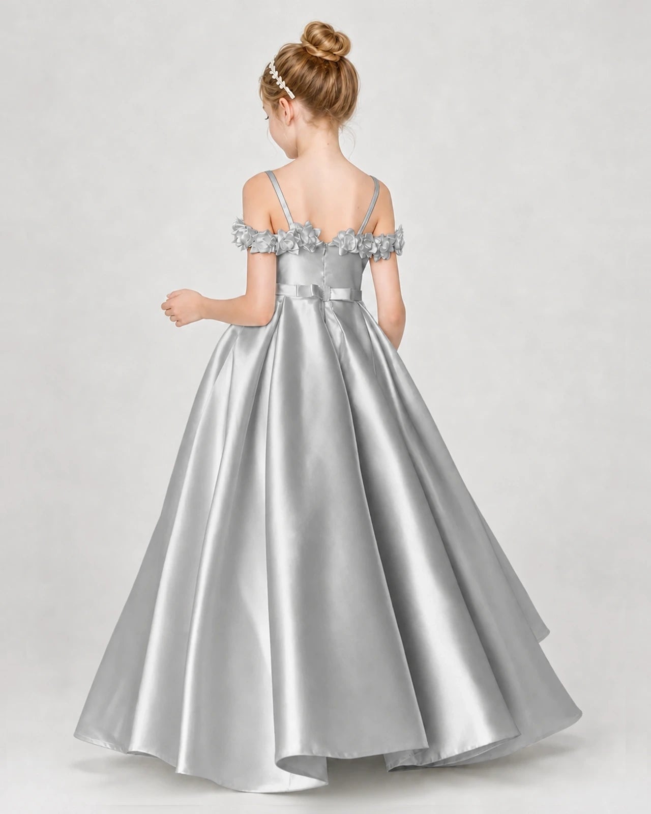 Dideyttawl Satin Girl Formal Dress with 3D Flowers & Off-Shoulder Straps