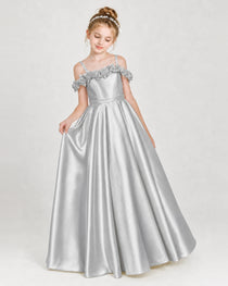 Dideyttawl Satin Girl Formal Dress with 3D Flowers & Off-Shoulder Straps