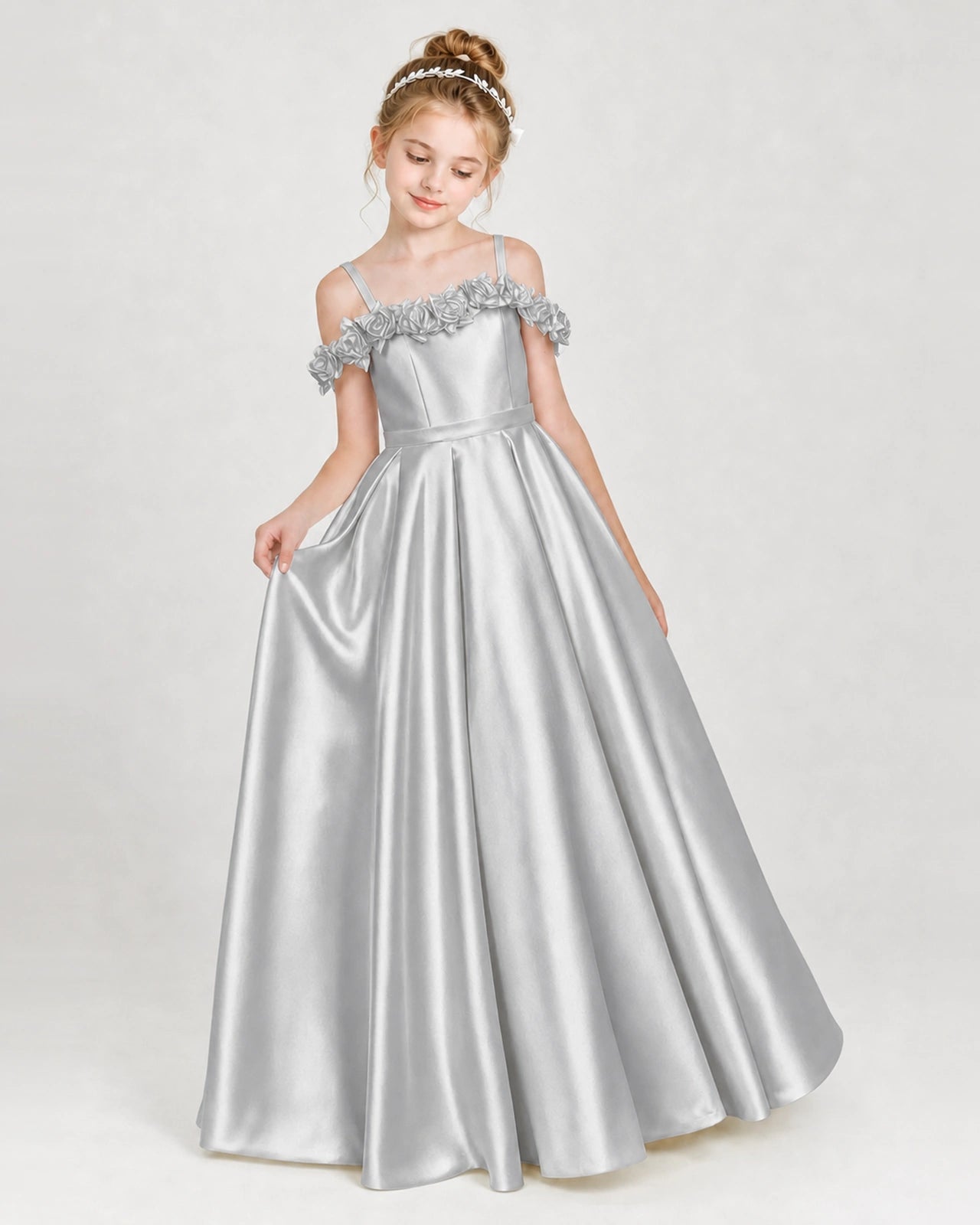 Dideyttawl Satin Girl Formal Dress with 3D Flowers & Off-Shoulder Straps