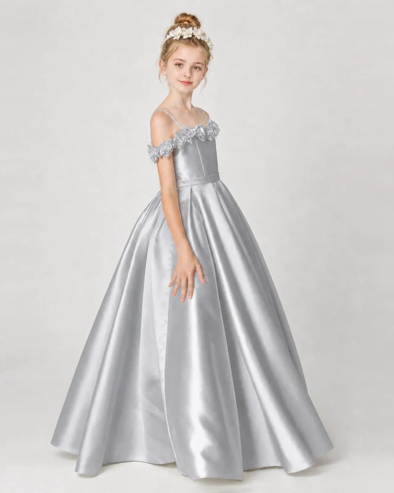 Silver Satin A-line Girls Formal Dress Side View