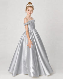 Dideyttawl Satin Girl Formal Dress with 3D Flowers & Off-Shoulder Straps
