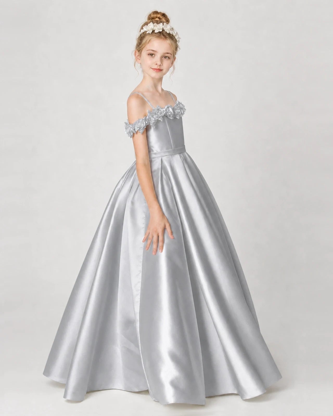 Dideyttawl Satin Girl Formal Dress with 3D Flowers & Off-Shoulder Straps