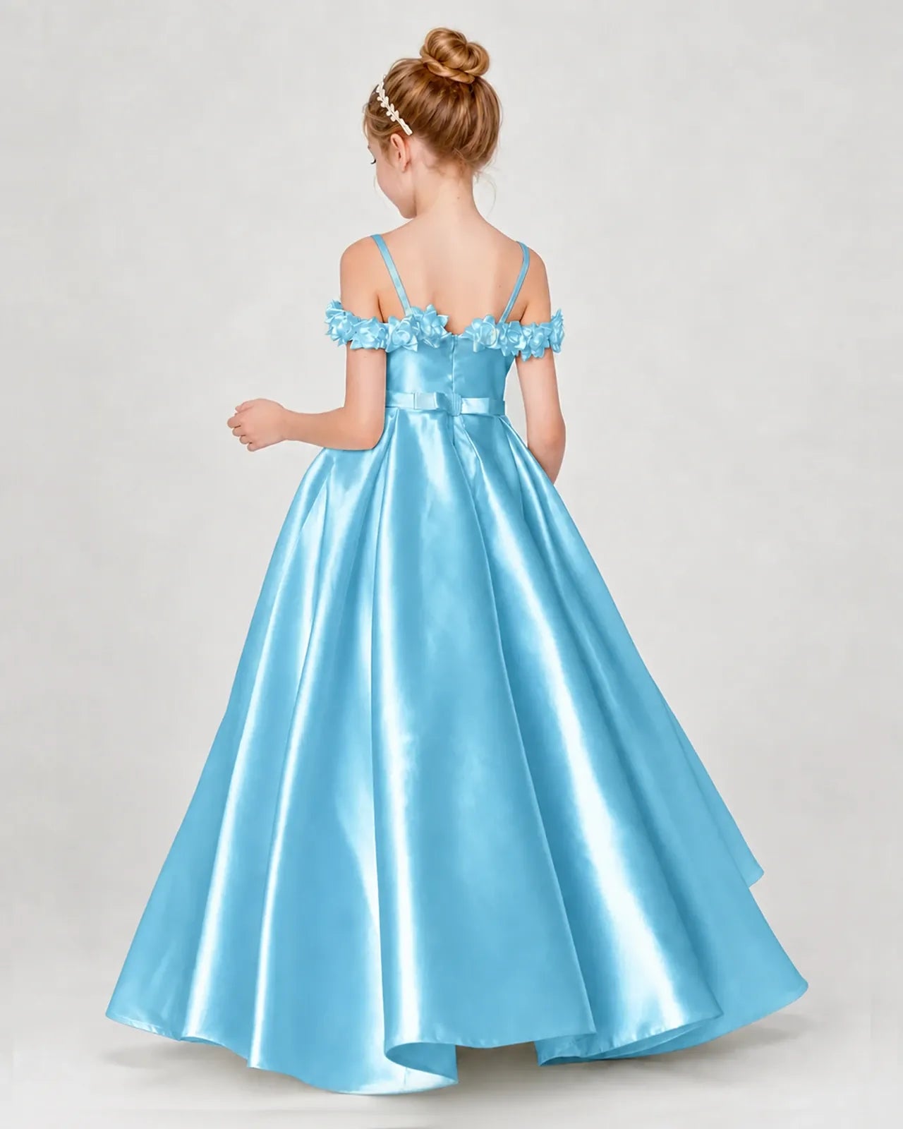 Sky Blue Satin A-line Girls Formal Dress Back View