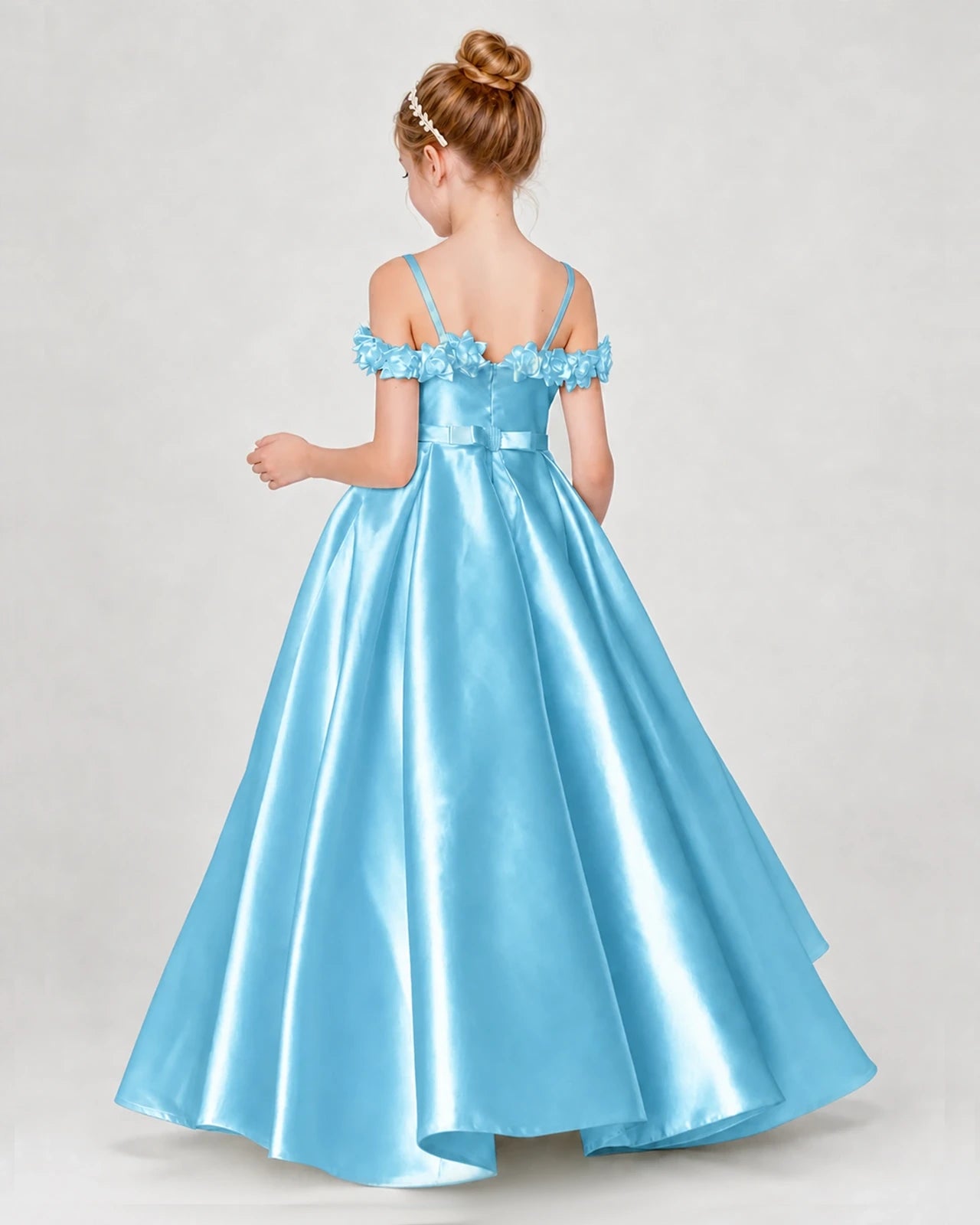 Dideyttawl Satin Girl Formal Dress with 3D Flowers & Off-Shoulder Straps