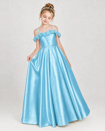 Dideyttawl Satin Girl Formal Dress with 3D Flowers & Off-Shoulder Straps
