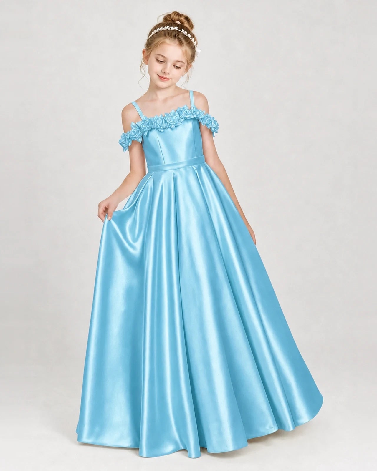 Dideyttawl Satin Girl Formal Dress with 3D Flowers & Off-Shoulder Straps