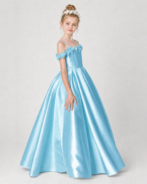 Dideyttawl Satin Girl Formal Dress with 3D Flowers & Off-Shoulder Straps