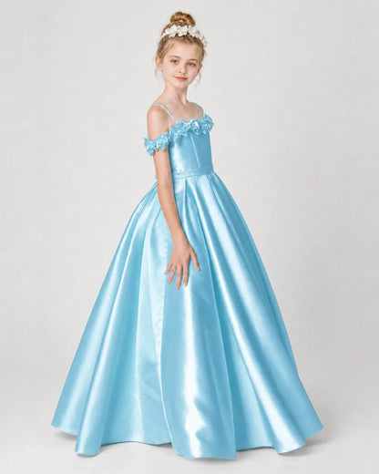 Sky Blue Satin Ball Gown Girls Formal Dress Side View
