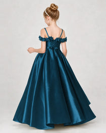 Dideyttawl Satin Girl Formal Dress with 3D Flowers & Off-Shoulder Straps