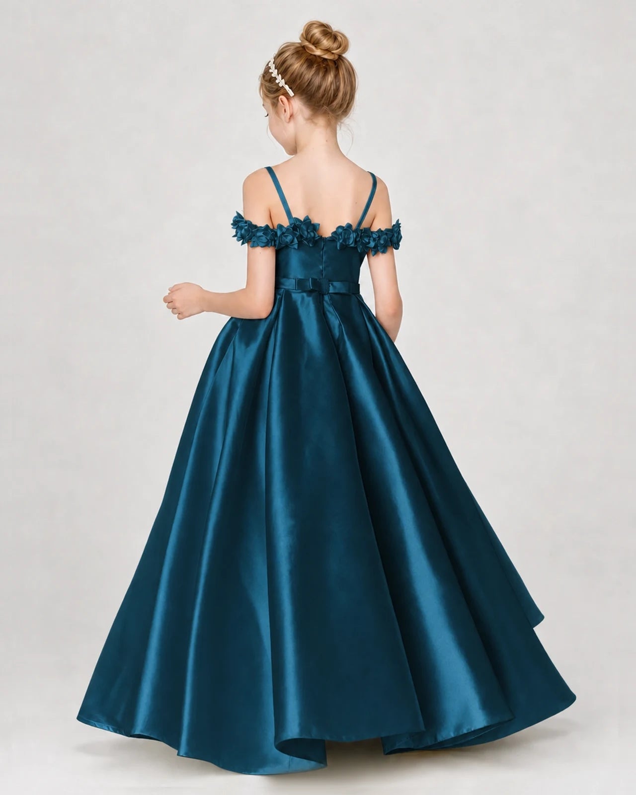 Dideyttawl Satin Girl Formal Dress with 3D Flowers & Off-Shoulder Straps