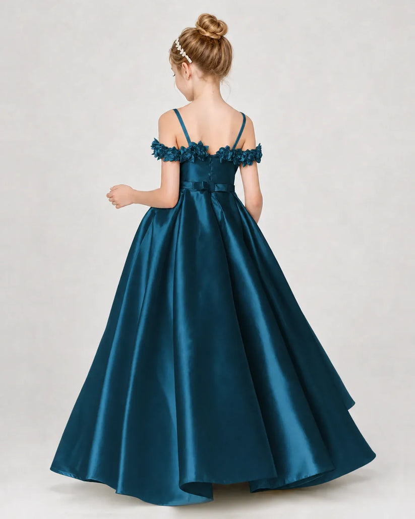 Teal Satin A-line Girls Formal Dress Back View