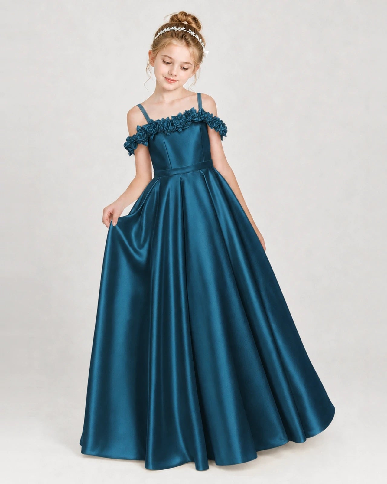 Dideyttawl Satin Girl Formal Dress with 3D Flowers & Off-Shoulder Straps