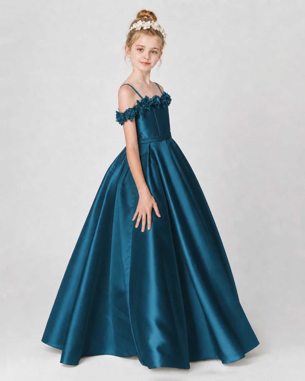 Dideyttawl Satin Girl Formal Dress with 3D Flowers & Off-Shoulder Straps