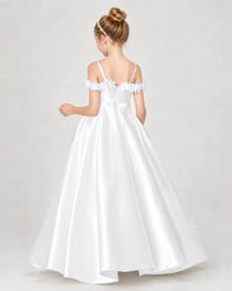 Dideyttawl Satin Girl Formal Dress with 3D Flowers & Off-Shoulder Straps
