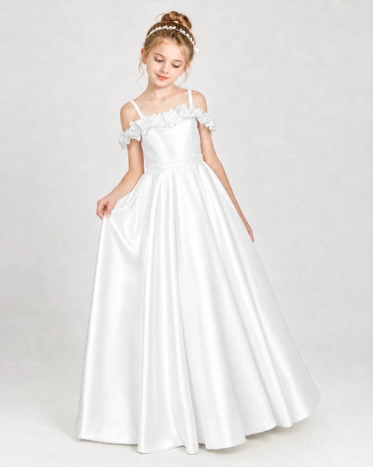 Dideyttawl Satin Girl Formal Dress with 3D Flowers & Off-Shoulder Straps