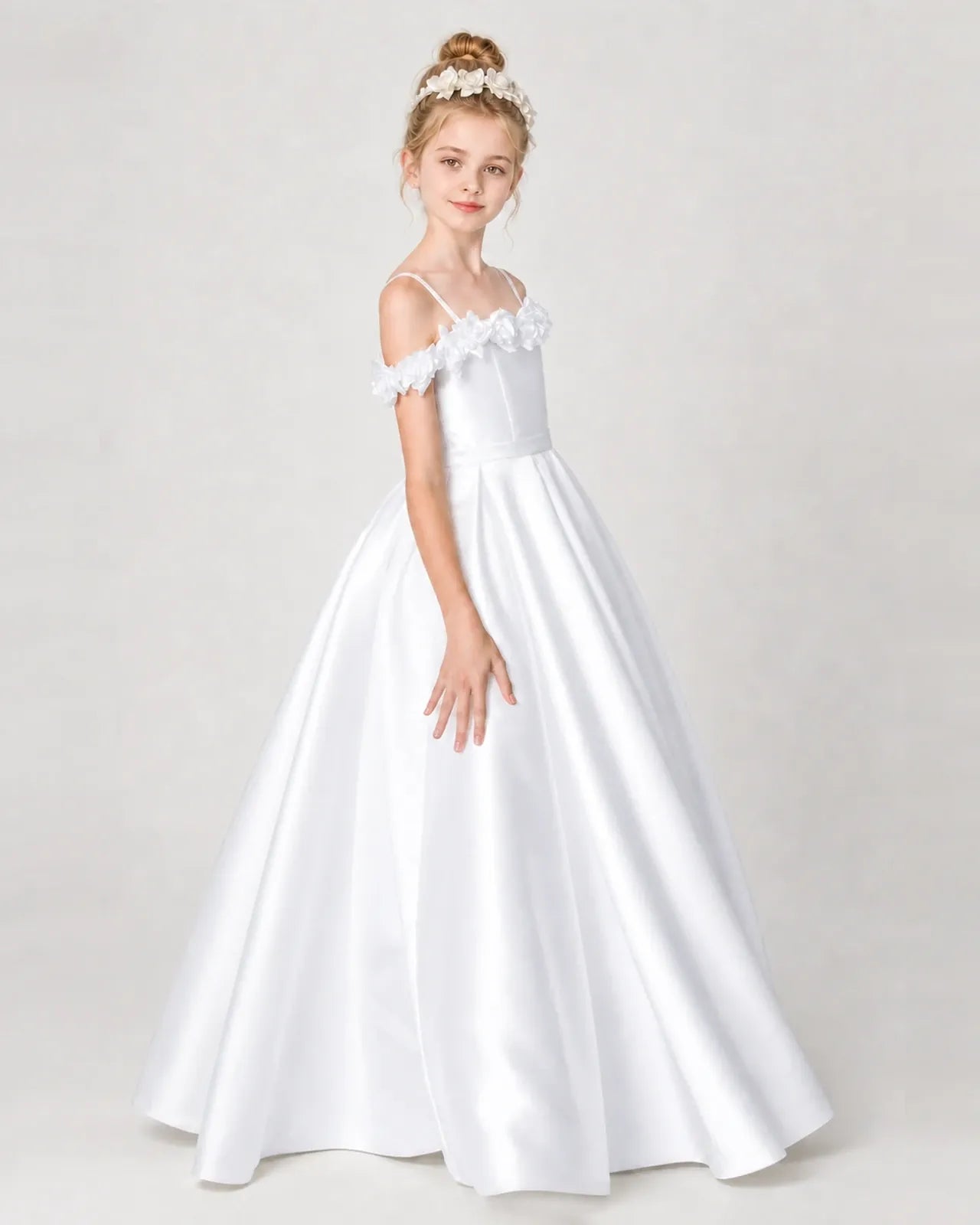 White Satin A-line Girls Formal Dress Side View