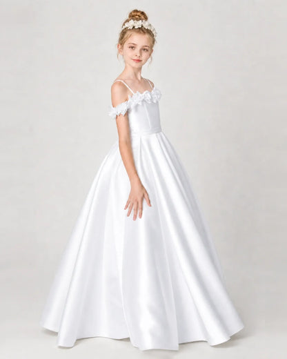 White Satin A-line Girls Formal Dress Side View