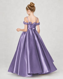 Dideyttawl Satin Girl Formal Dress with 3D Flowers & Off-Shoulder Straps
