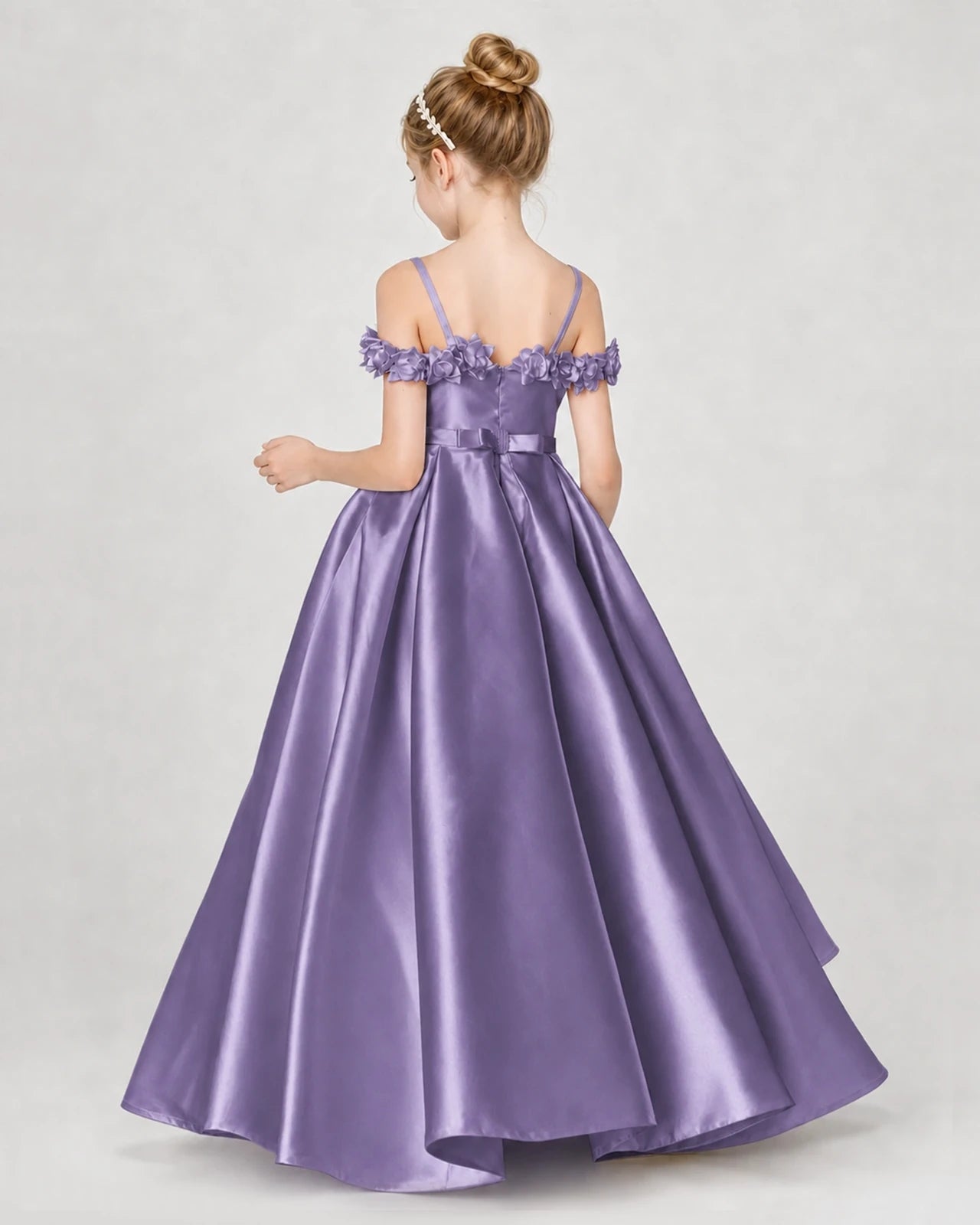 Dideyttawl Satin Girl Formal Dress with 3D Flowers & Off-Shoulder Straps