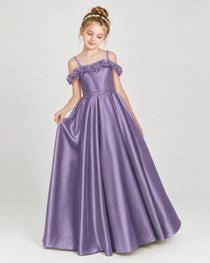 Dideyttawl Satin Girl Formal Dress with 3D Flowers & Off-Shoulder Straps