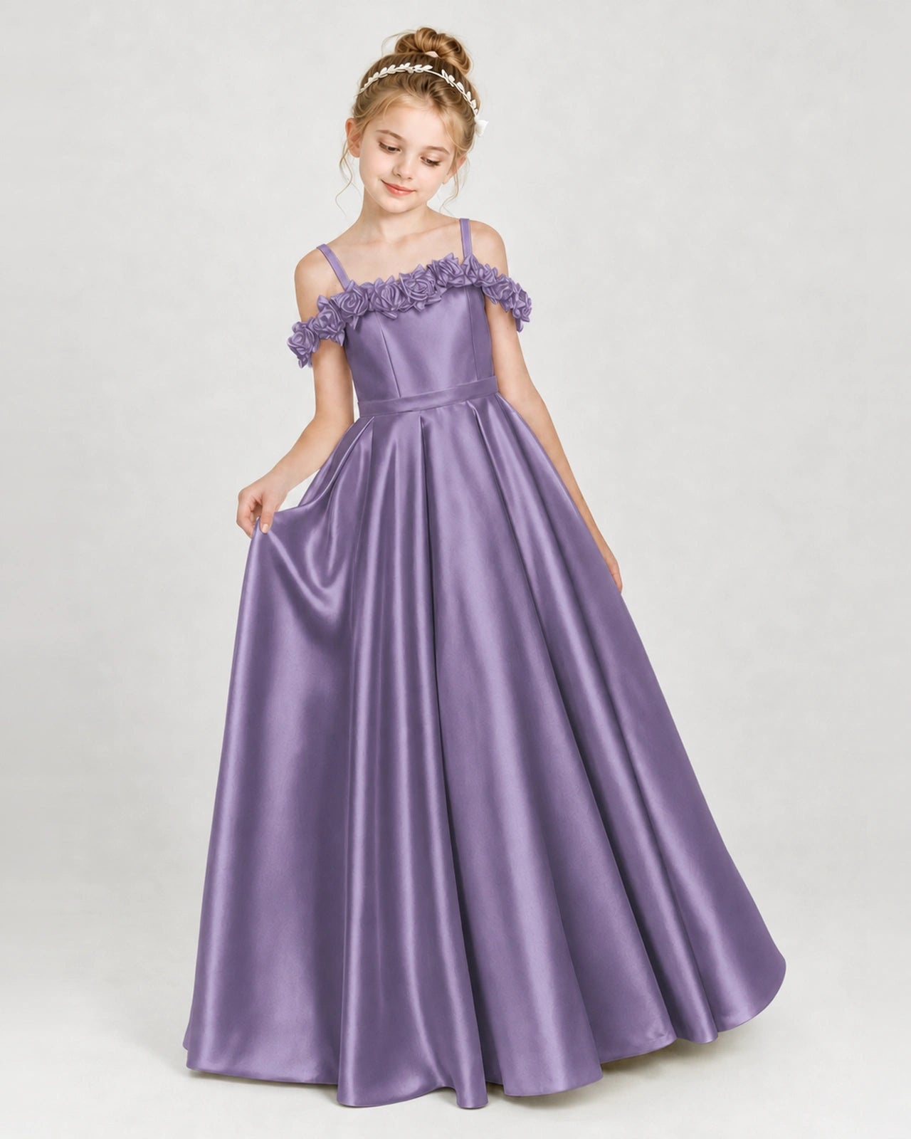 Dideyttawl Satin Girl Formal Dress with 3D Flowers & Off-Shoulder Straps