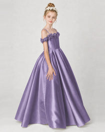 Dideyttawl Satin Girl Formal Dress with 3D Flowers & Off-Shoulder Straps