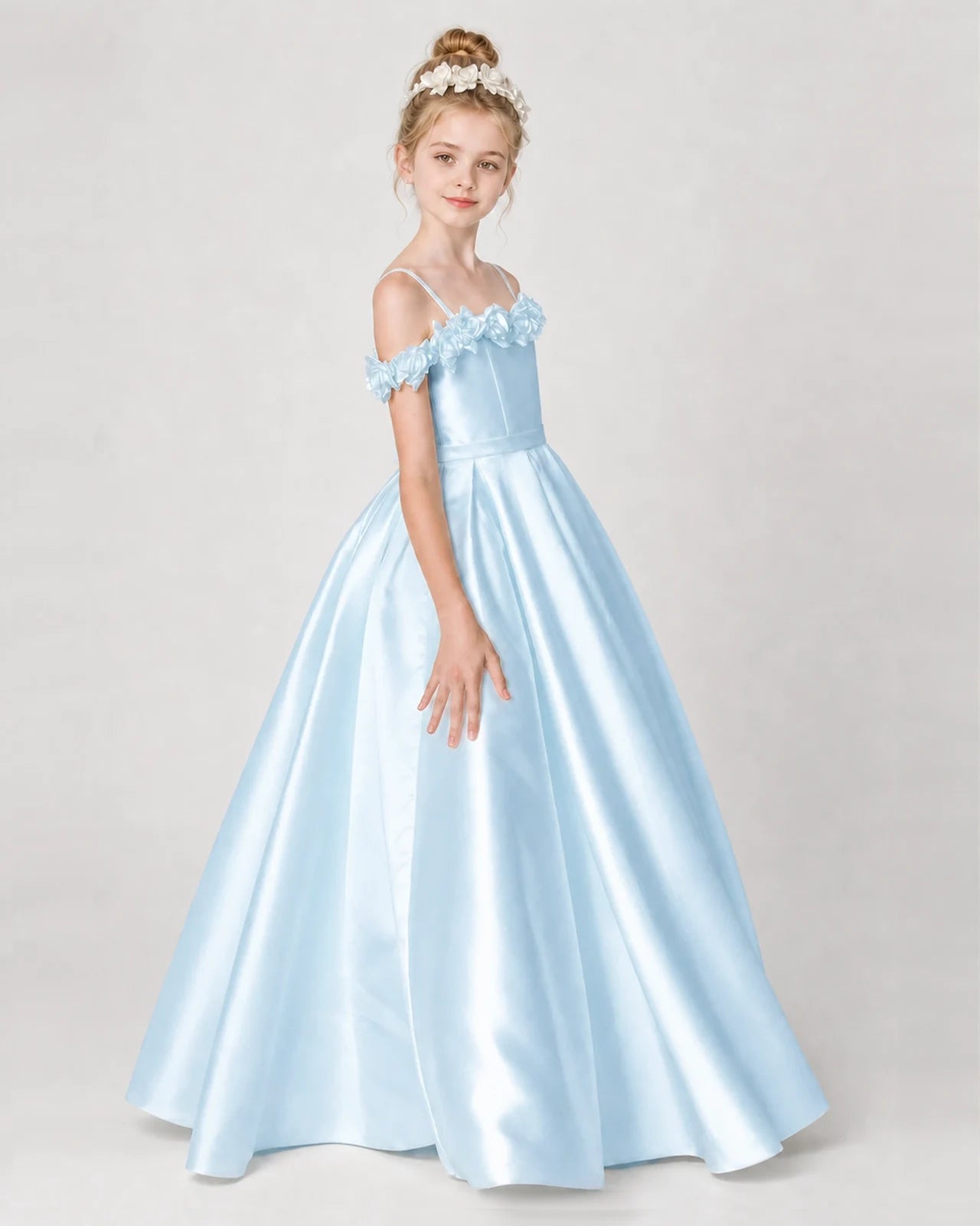 Dideyttawl Girls Formal Dress Cold-Shoulder Floral Satin Gown