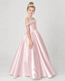 Dideyttawl Girls Formal Dress Cold-Shoulder Floral Satin Gown
