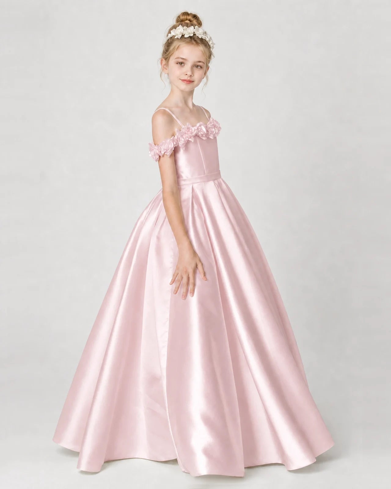 Dideyttawl Girls Formal Dress Cold-Shoulder Floral Satin Gown