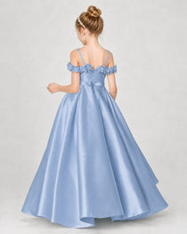 Dideyttawl Girls Formal Dress Cold-Shoulder Floral Satin Gown