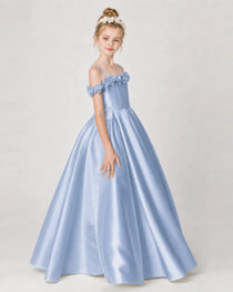 Dideyttawl Girls Formal Dress Cold-Shoulder Floral Satin Gown