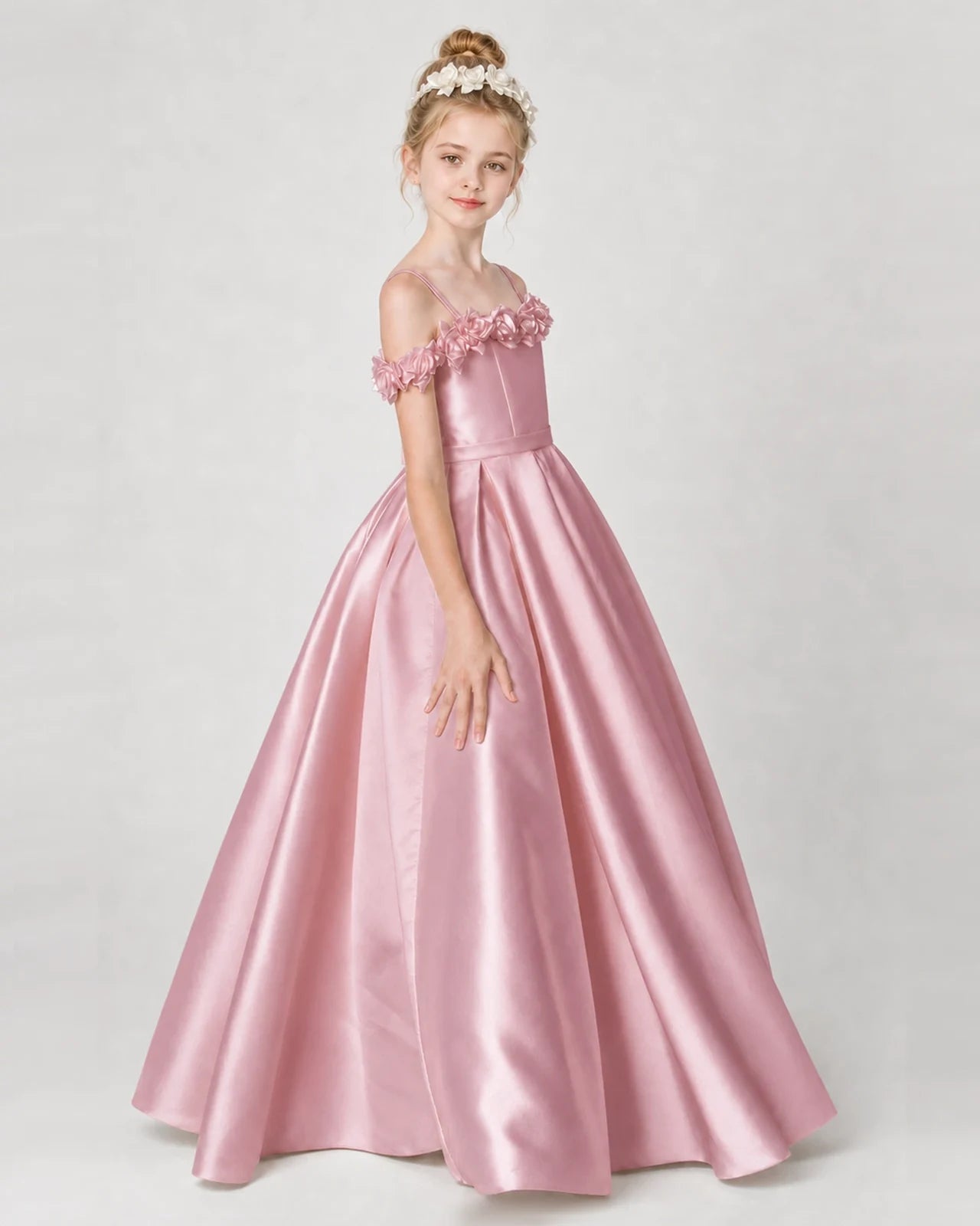 Dideyttawl Girls Formal Dress Cold-Shoulder Floral Satin Gown