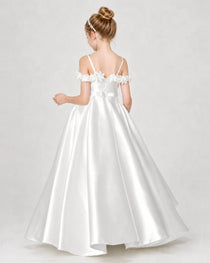 Dideyttawl Girls Formal Dress Cold-Shoulder Floral Satin Gown