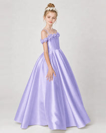Dideyttawl Girls Formal Dress Cold-Shoulder Floral Satin Gown