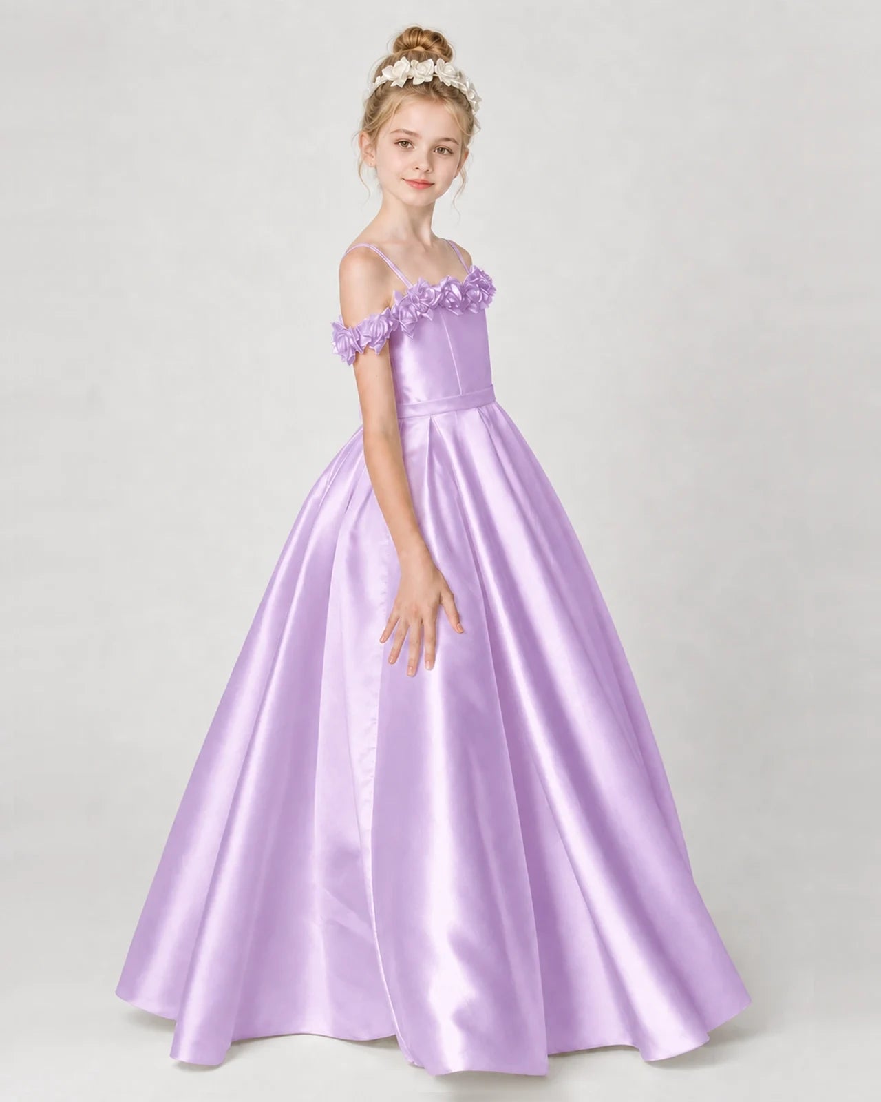 Dideyttawl Girls Formal Dress Cold-Shoulder Floral Satin Gown