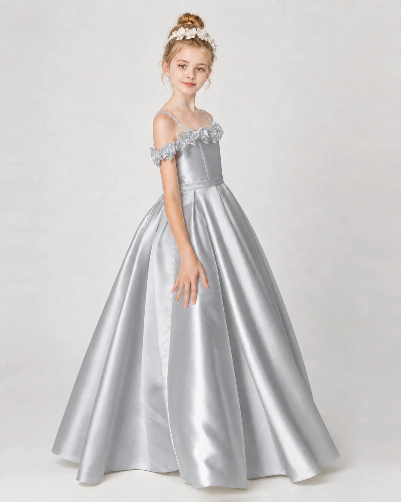 Dideyttawl Girls Formal Dress Cold-Shoulder Floral Satin Gown