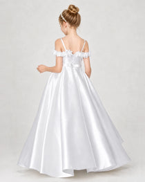 Dideyttawl Girls Formal Dress Cold-Shoulder Floral Satin Gown