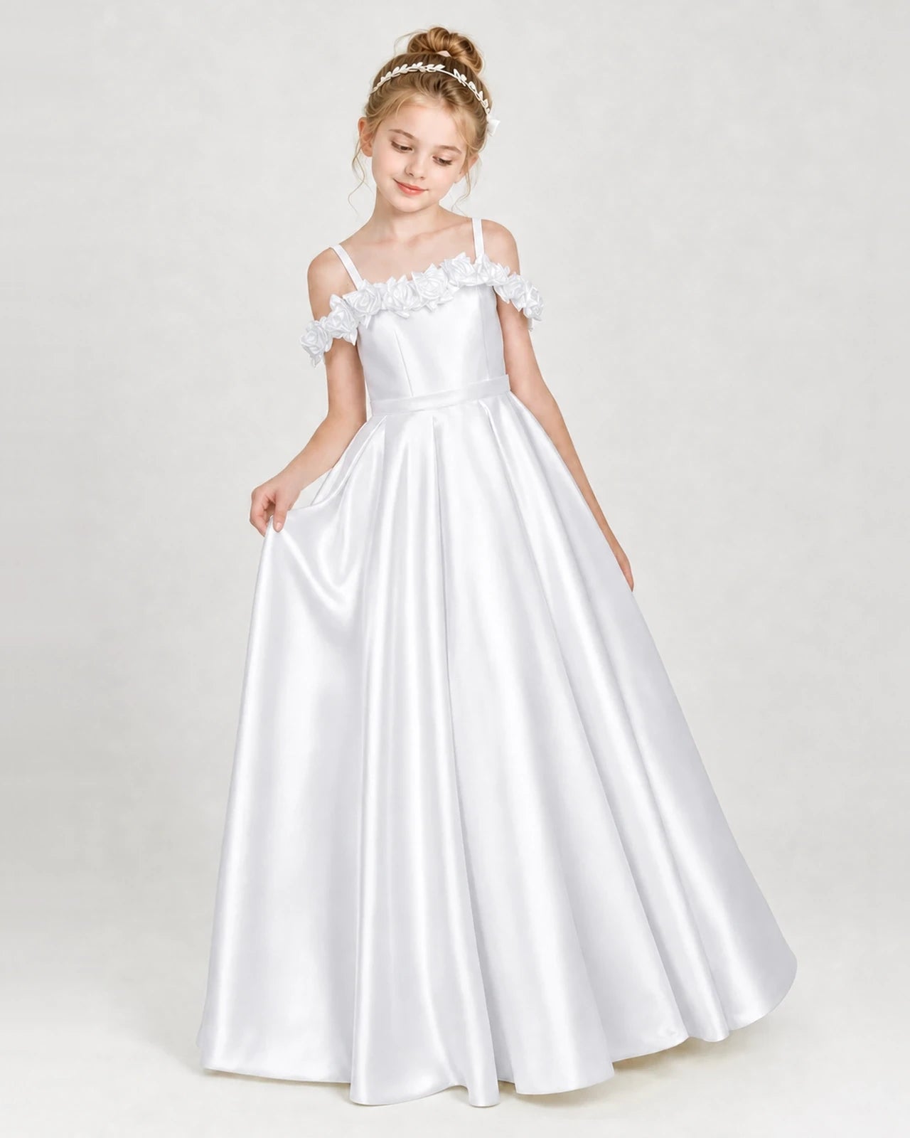 Dideyttawl Girls Formal Dress Cold-Shoulder Floral Satin Gown Hauptbild
