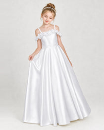 Dideyttawl Girls Formal Dress Cold-Shoulder Floral Satin Gown