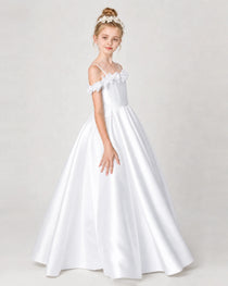 Dideyttawl Girls Formal Dress Cold-Shoulder Floral Satin Gown
