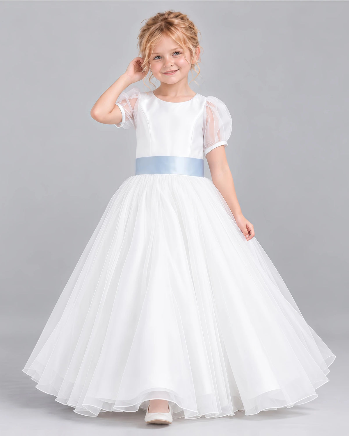 Dusty Blue Ball Gown First Communion Dress Pose [Shared]