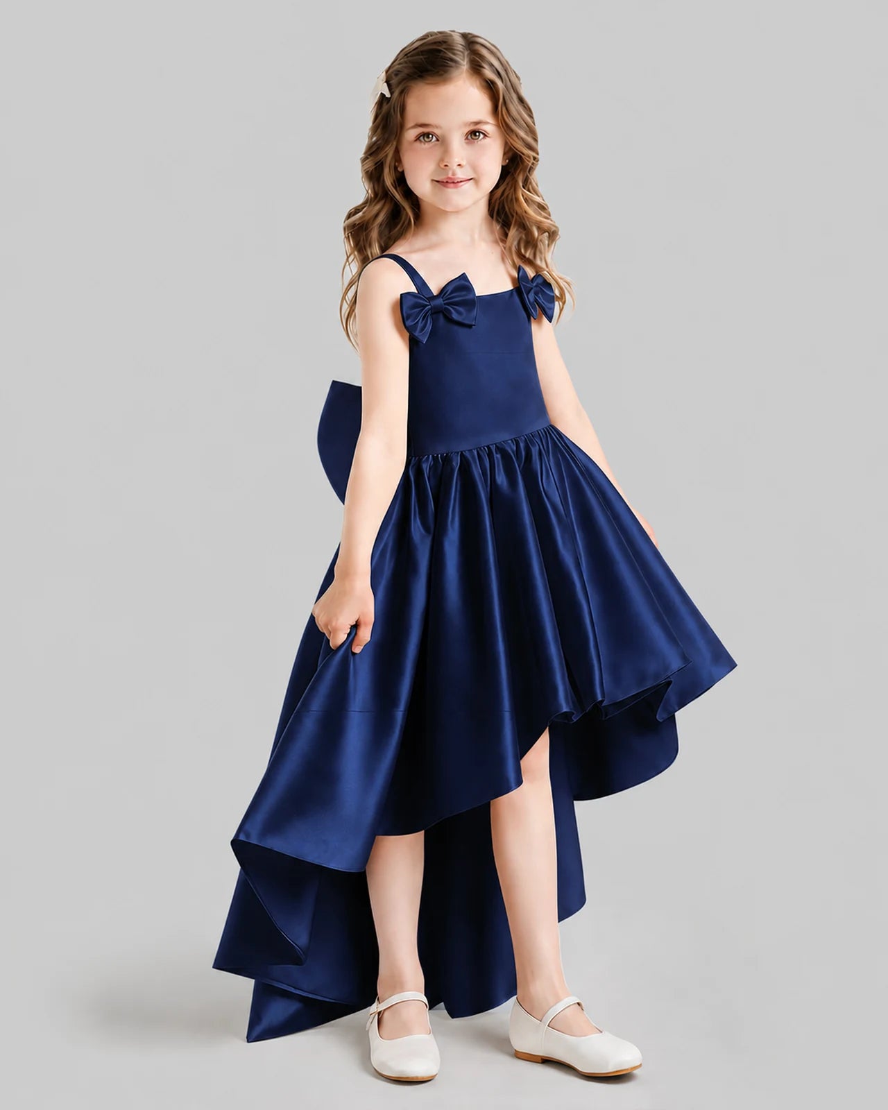 Navy Blue Flared Flower Girl Dresses Side