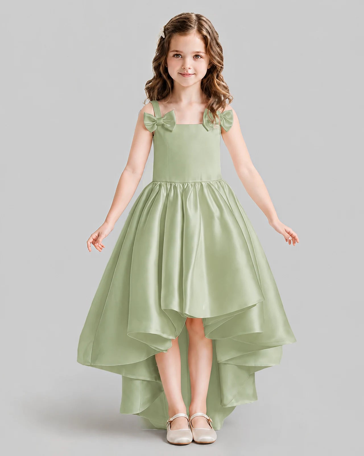 Sage Green Flared Flower Girl Dresses Front