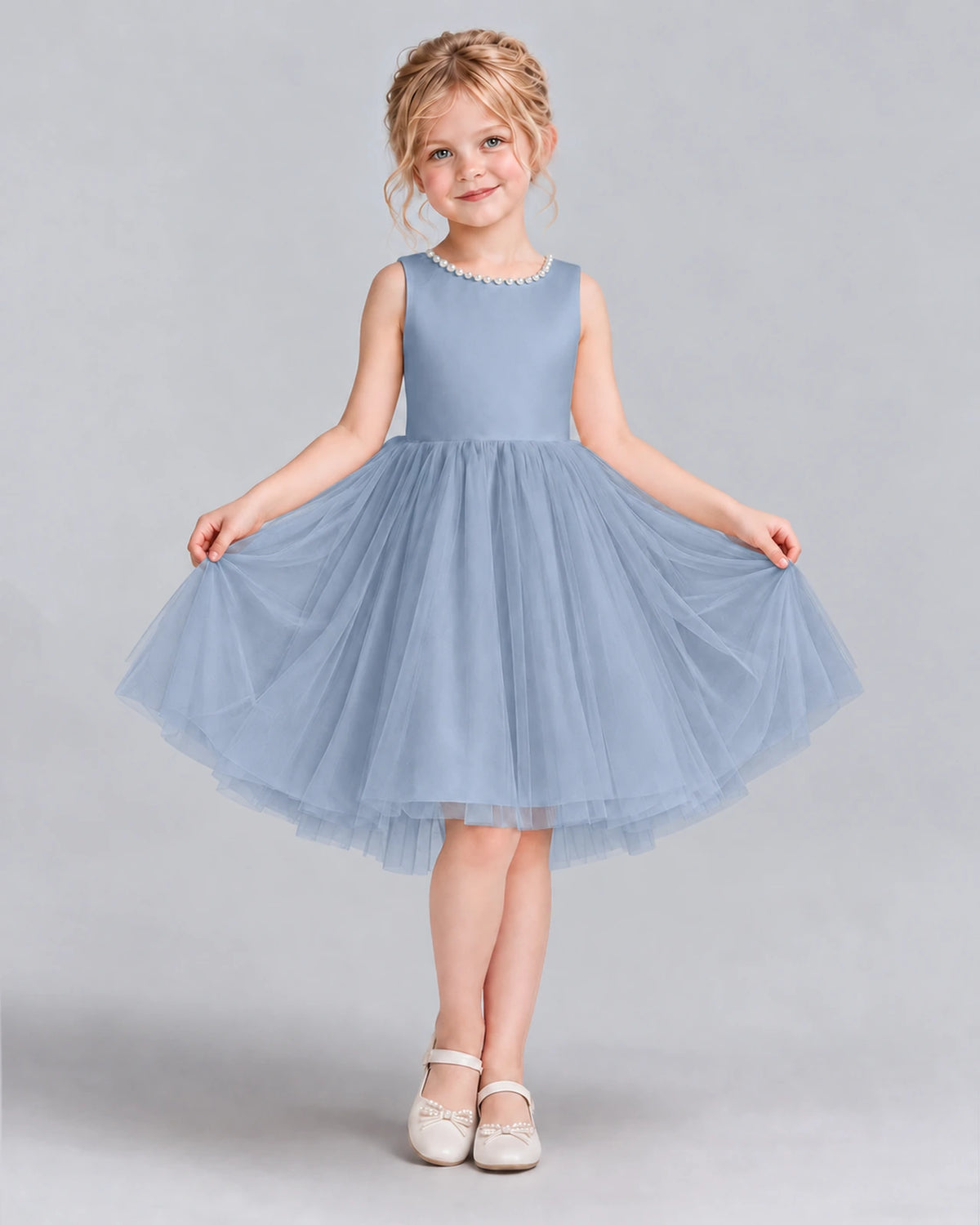 Dusty Blue Ball Gown Flower Girl Dress Front
