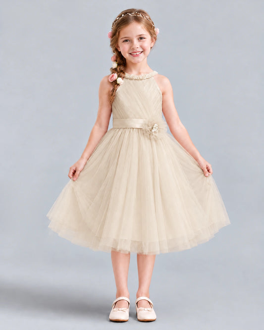 Champagne A-line Girls Formal Dress Front