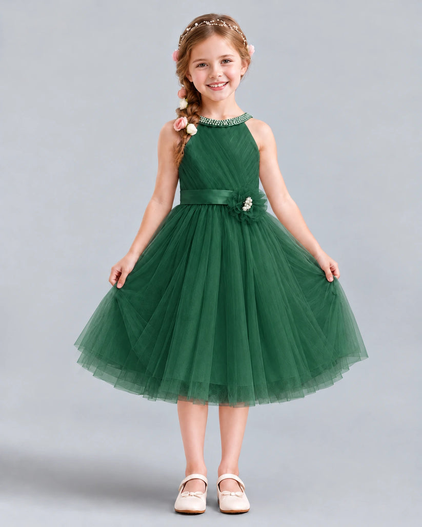 Dark Green A-line Girls Formal Dress Front