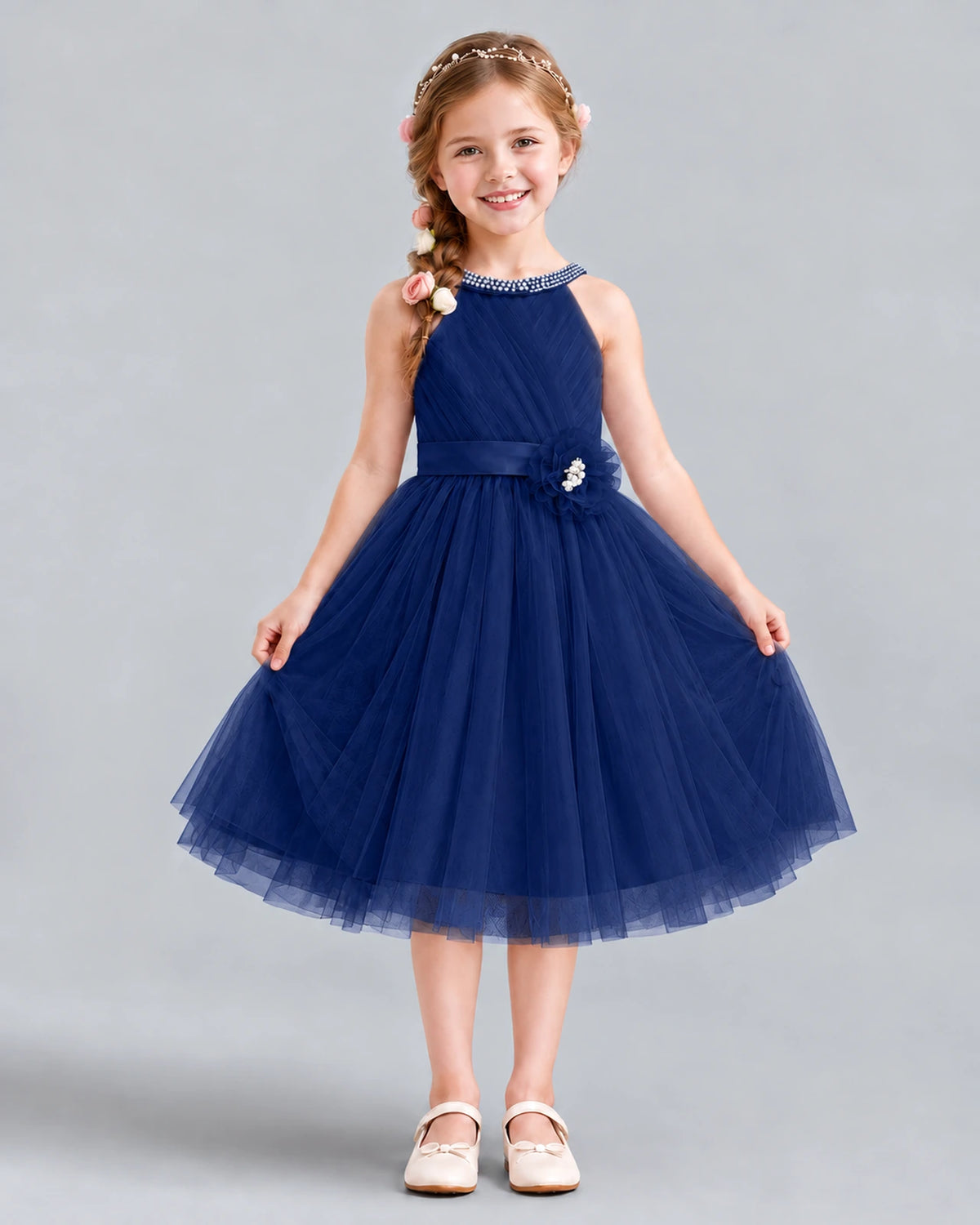 Navy Blue A-line Girls Formal Dress Front