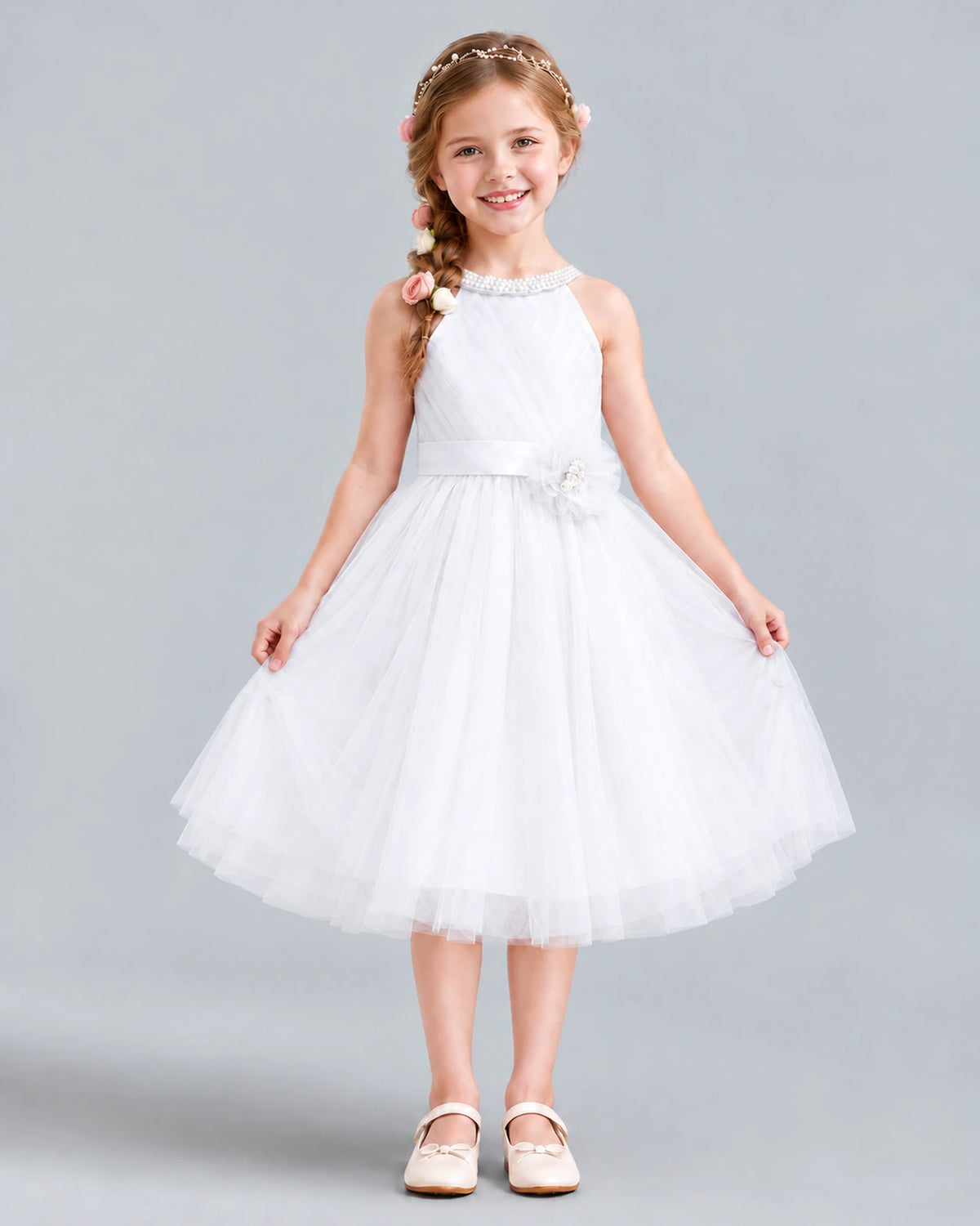 White A-line Girls Formal Dress Front