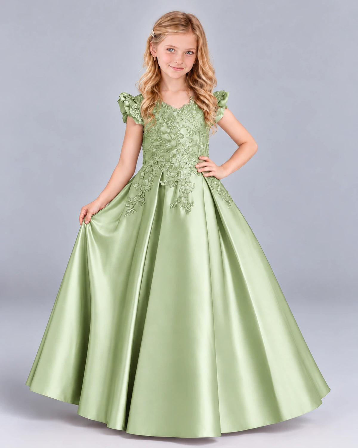 Sage Green Ball Gown Girls Formal Dress Front